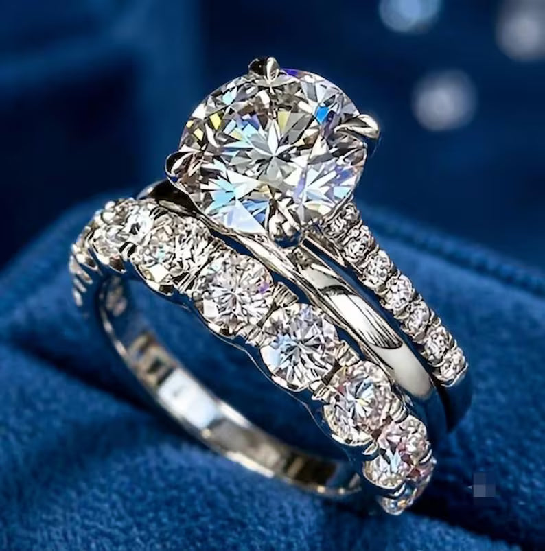Round Cut Solitaire Engagement Ring Set, 3 Piece Stackable Bridal Rings,Moissanite Wedding Band,Dainty Promise Ring, Christmas Gifts For Her