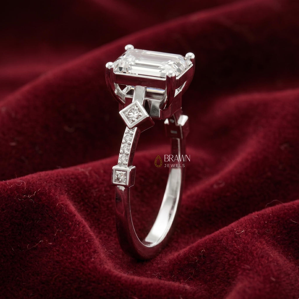 Vintage Emerald Cut Moissanite Engagement Ring, 2.68 Ct Art Deco Promise Ring, 14K White Gold Plated Bridal Ring, Anniversary Gift for Her