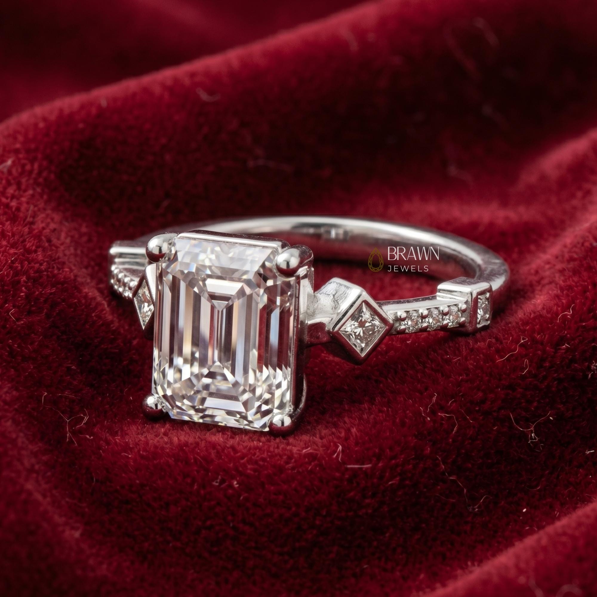 Vintage Emerald Cut Moissanite Engagement Ring, 2.68 Ct Art Deco Promise Ring, 14K White Gold Plated Bridal Ring, Anniversary Gift for Her