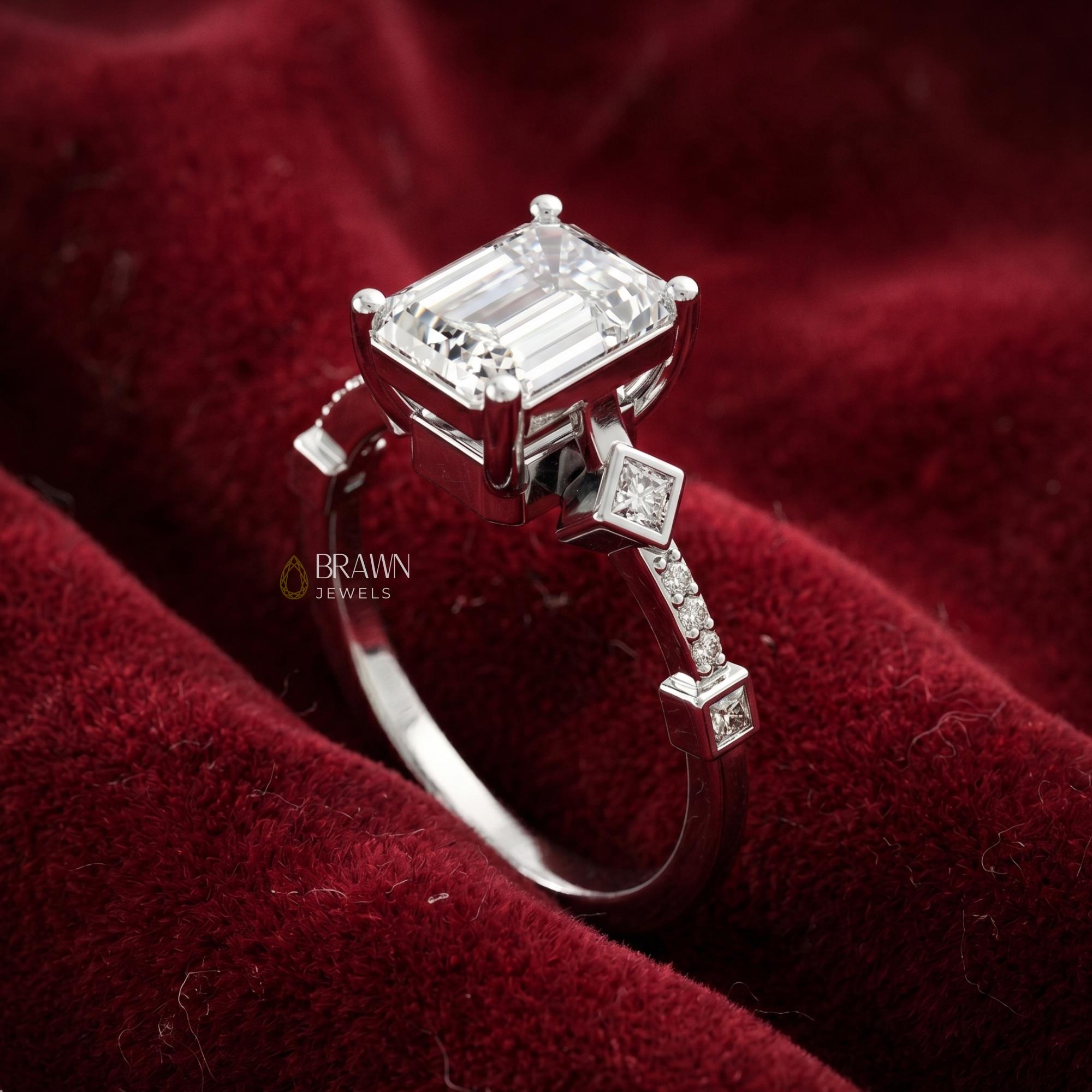 Vintage Emerald Cut Moissanite Engagement Ring, 2.68 Ct Art Deco Promise Ring, 14K White Gold Plated Bridal Ring, Anniversary Gift for Her