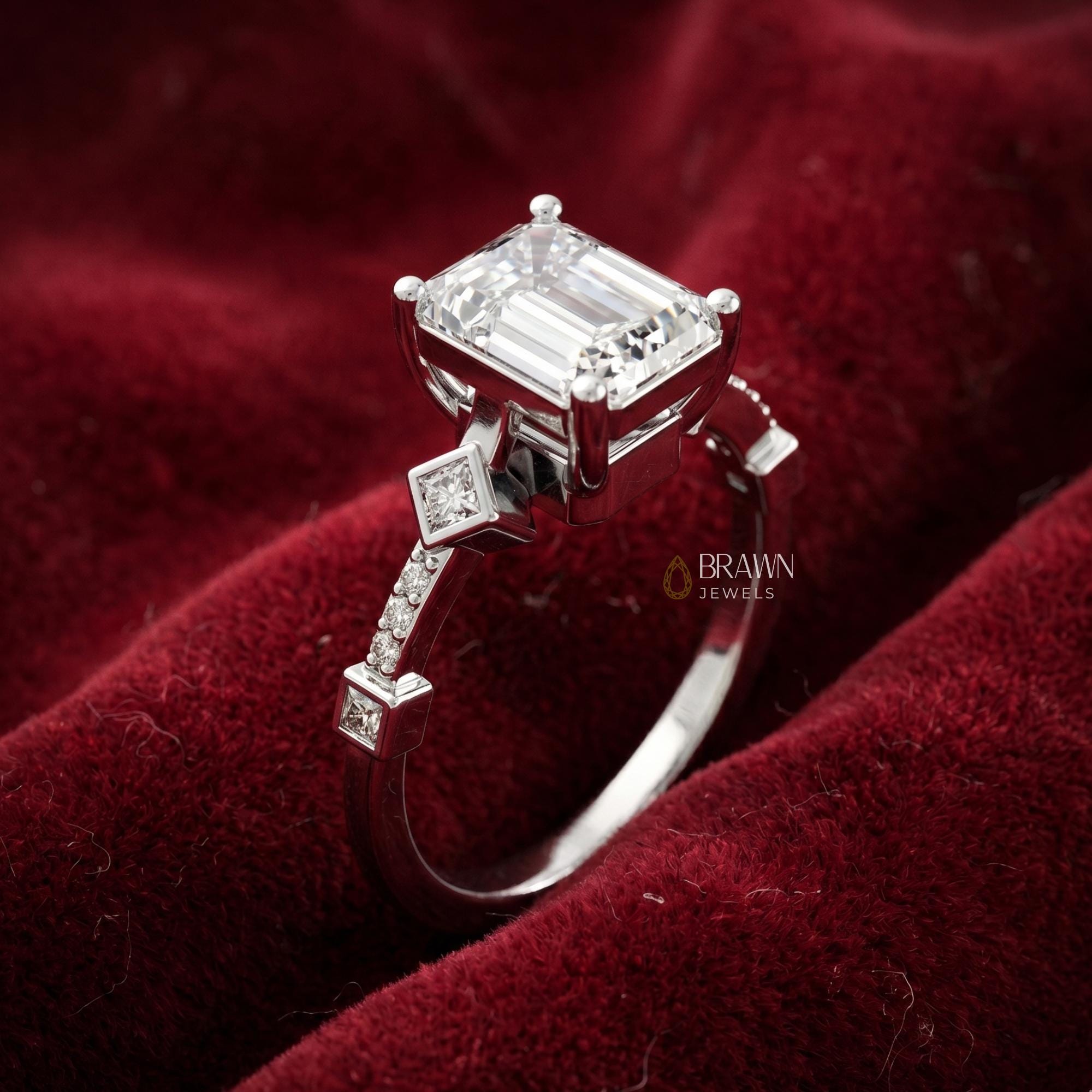 Vintage Emerald Cut Moissanite Engagement Ring, 2.68 Ct Art Deco Promise Ring, 14K White Gold Plated Bridal Ring, Anniversary Gift for Her