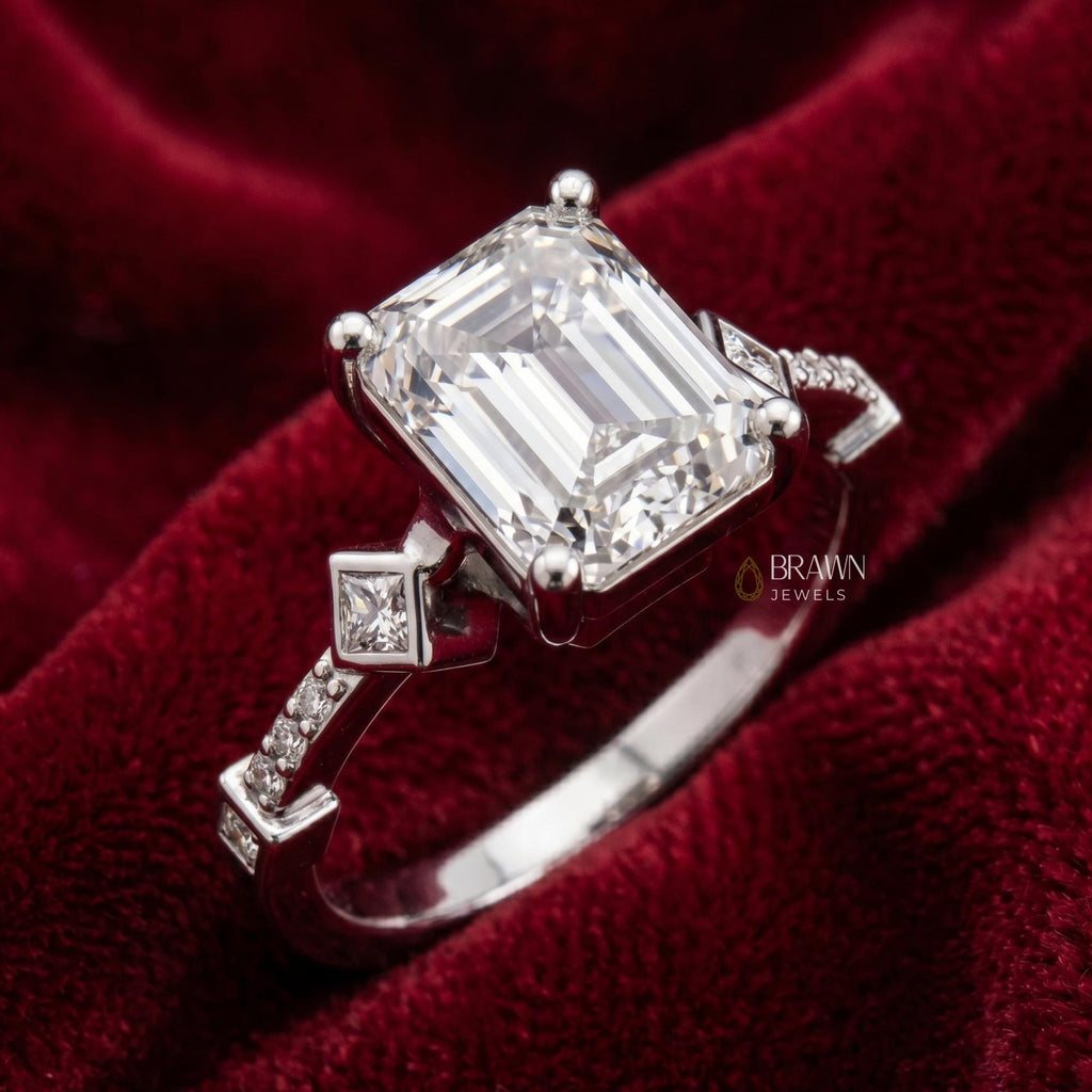 Vintage Emerald Cut Moissanite Engagement Ring, 2.68 Ct Art Deco Promise Ring, 14K White Gold Plated Bridal Ring, Anniversary Gift for Her