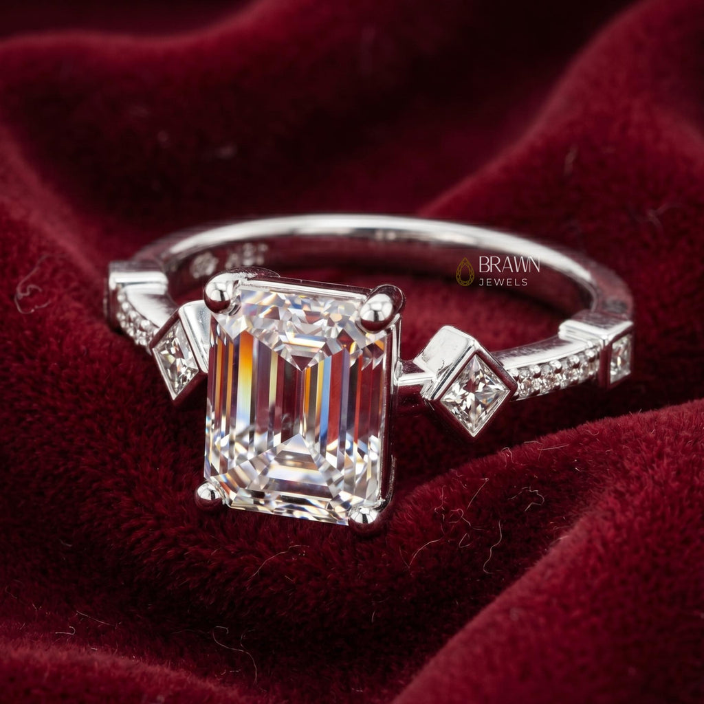 Vintage Emerald Cut Moissanite Engagement Ring, 2.68 Ct Art Deco Promise Ring, 14K White Gold Plated Bridal Ring, Anniversary Gift for Her
