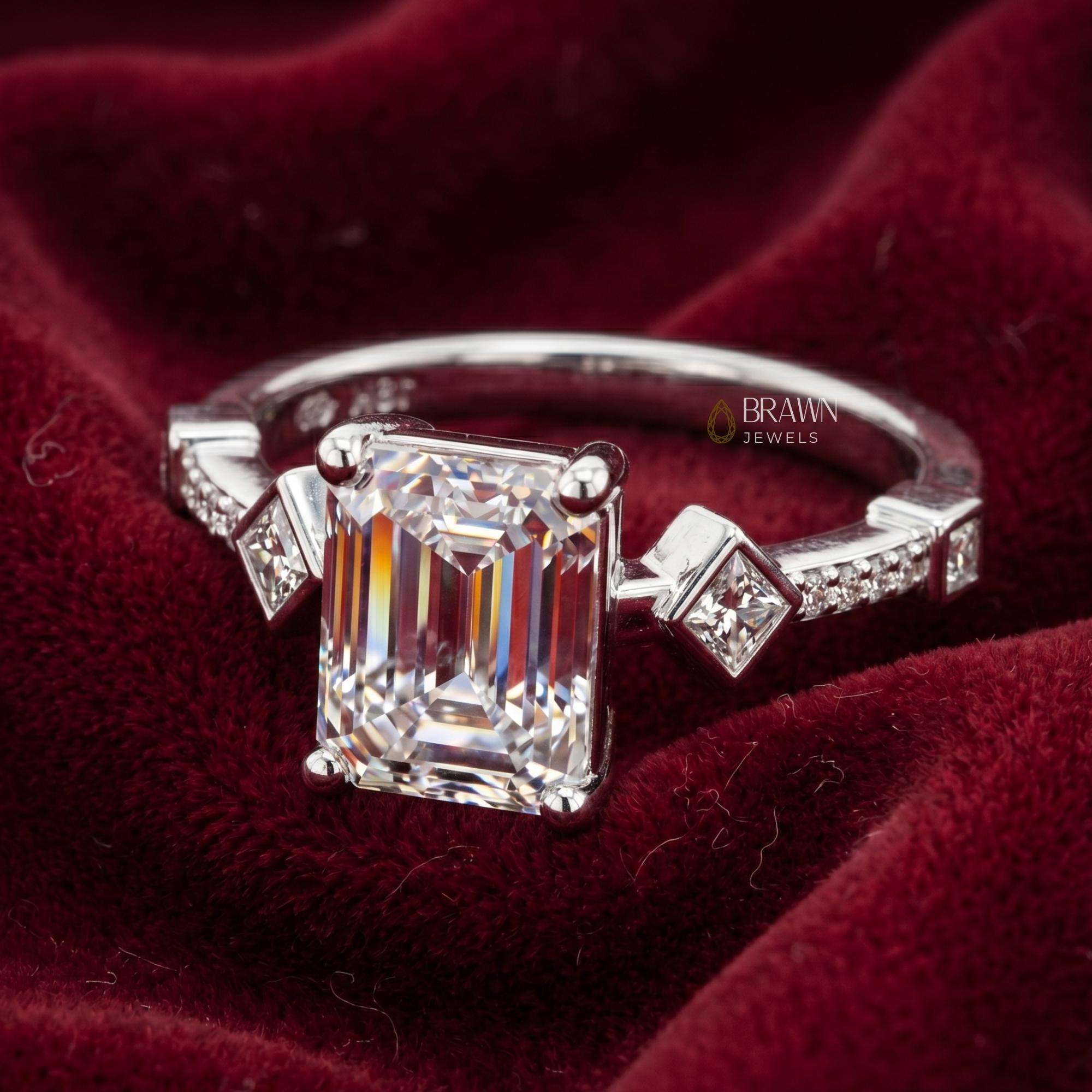 Vintage Emerald Cut Moissanite Engagement Ring, 2.68 Ct Art Deco Promise Ring, 14K White Gold Plated Bridal Ring, Anniversary Gift for Her