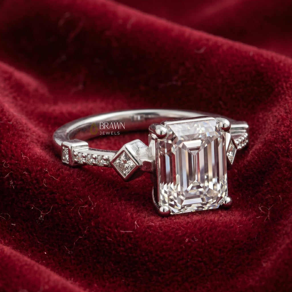 Vintage Emerald Cut Moissanite Engagement Ring, 2.68 Ct Art Deco Promise Ring, 14K White Gold Plated Bridal Ring, Anniversary Gift for Her