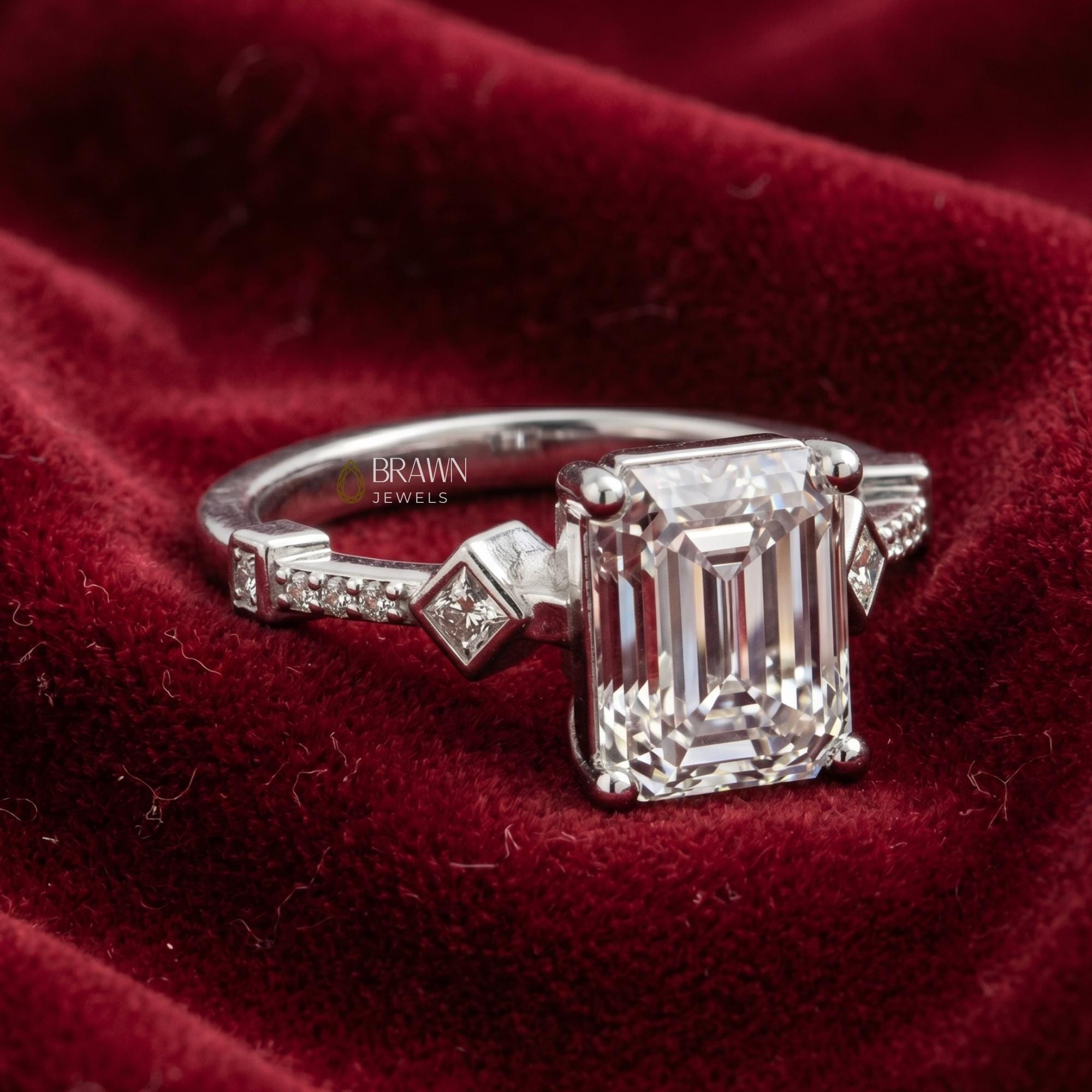 Vintage Emerald Cut Moissanite Engagement Ring, 2.68 Ct Art Deco Promise Ring, 14K White Gold Plated Bridal Ring, Anniversary Gift for Her