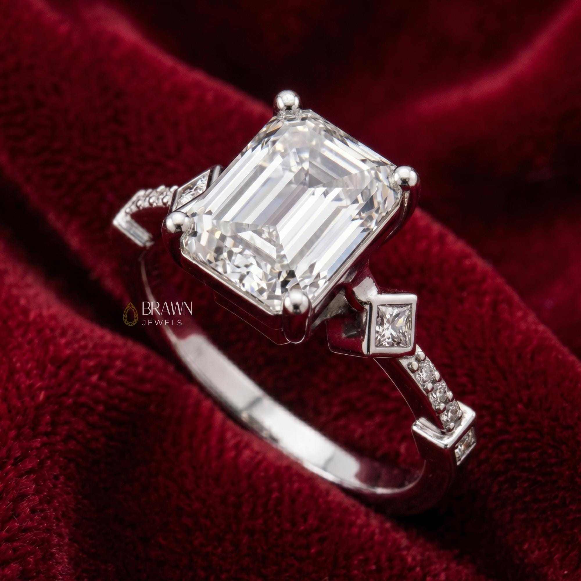 Vintage Emerald Cut Moissanite Engagement Ring, 2.68 Ct Art Deco Promise Ring, 14K White Gold Plated Bridal Ring, Anniversary Gift for Her
