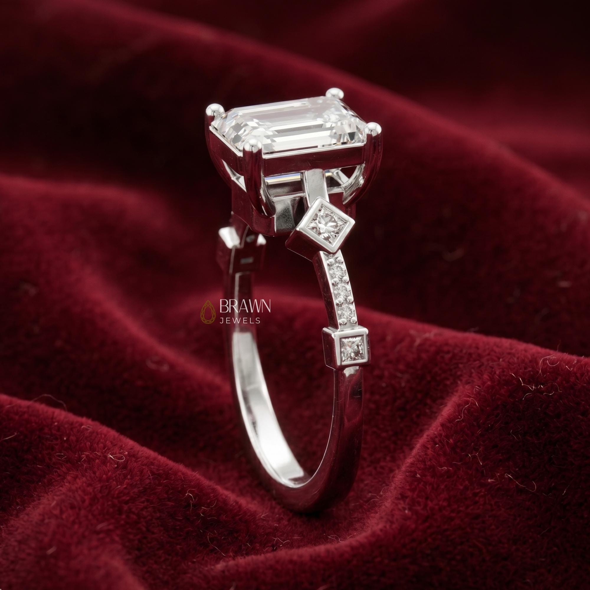 Vintage Emerald Cut Moissanite Engagement Ring, 2.68 Ct Art Deco Promise Ring, 14K White Gold Plated Bridal Ring, Anniversary Gift for Her