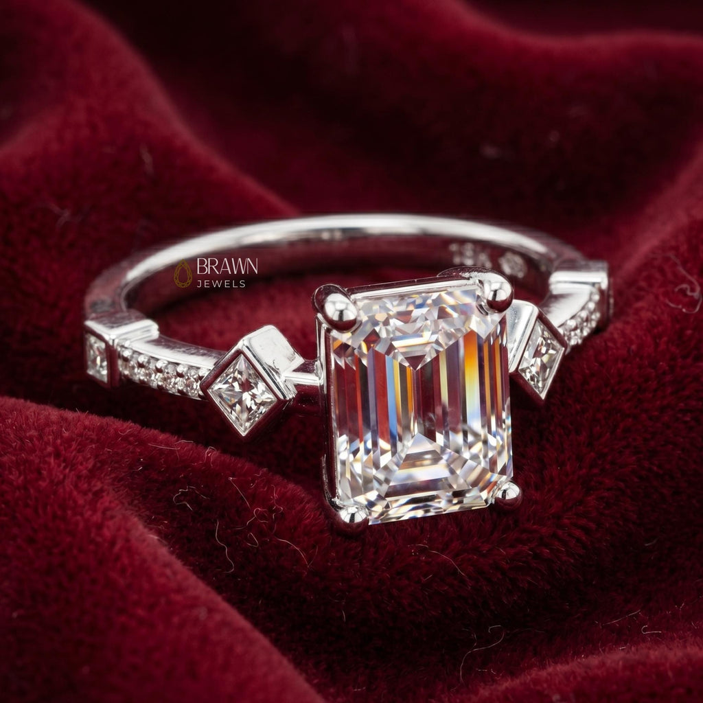 Vintage Emerald Cut Moissanite Engagement Ring, 2.68 Ct Art Deco Promise Ring, 14K White Gold Plated Bridal Ring, Anniversary Gift for Her