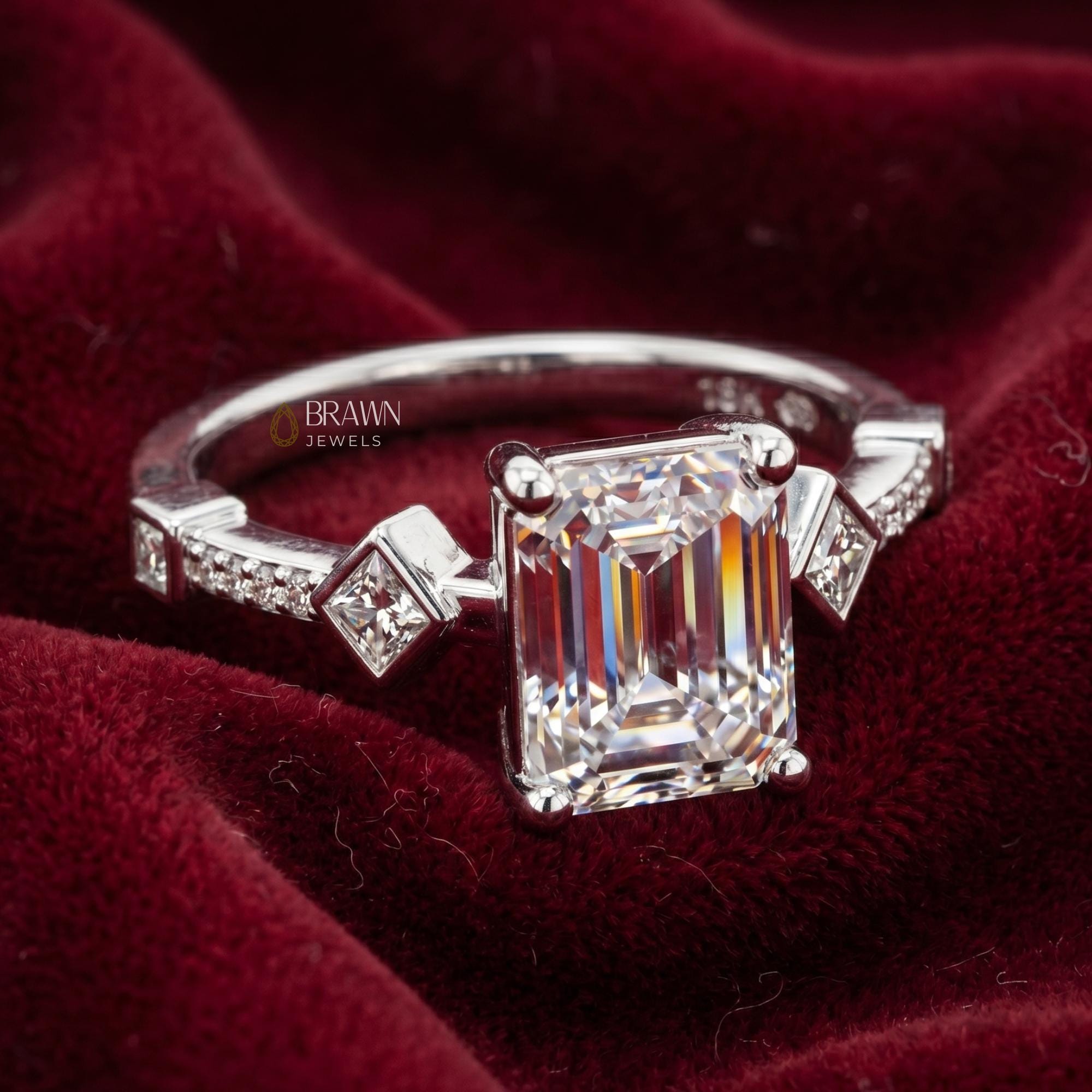 Vintage Emerald Cut Moissanite Engagement Ring, 2.68 Ct Art Deco Promise Ring, 14K White Gold Plated Bridal Ring, Anniversary Gift for Her