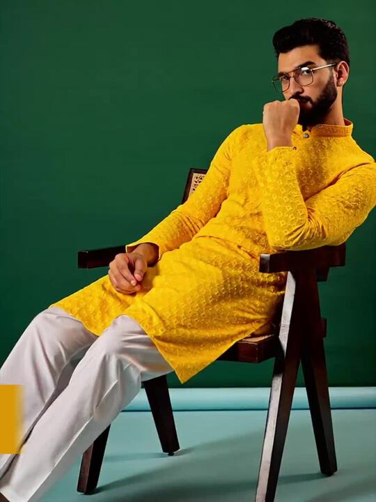 Anouk Geometric Embroidered Mandarin Collar Sequinned Straight Kurta Yellow