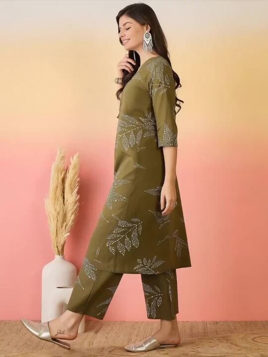 Sangria Green Floral Printed V-Neck A-Line Pure Cotton Kurta Set