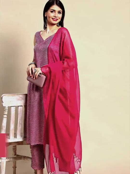Anayna Women Pink & White Leheriya Printed Pure Cotton Kurta with Trousers & Dupatta