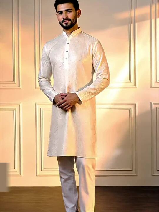 Anouk White Striped Embroidered Sequinned Mandarin Collar Straight Kurta