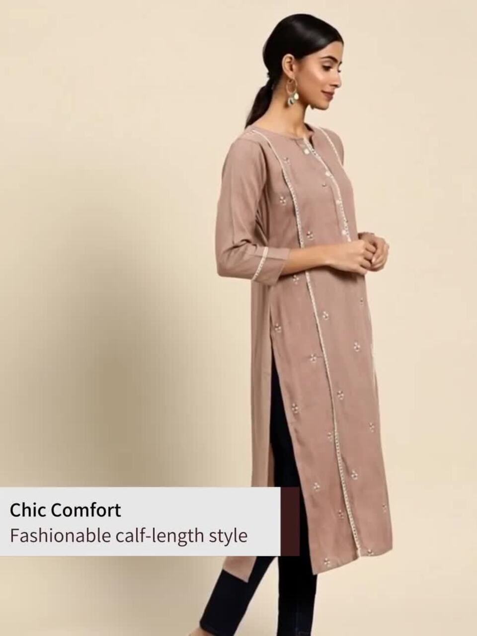 Sangria Women Brown & White Ethnic Motifs Embroidered Panelled Kurta