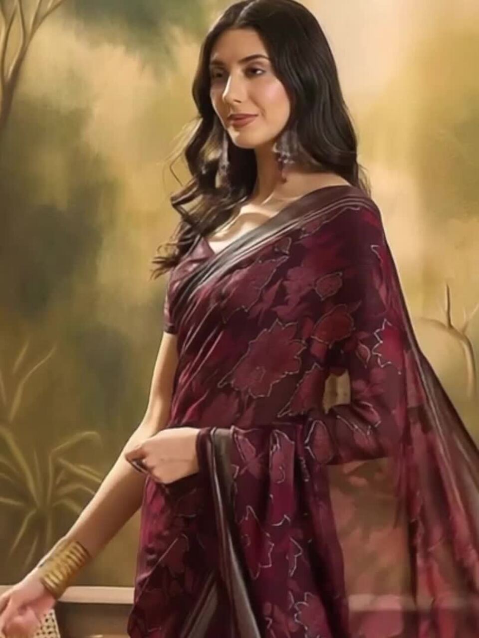 Sangria Floral Printed & Embellished Saree With Blouse Piece
