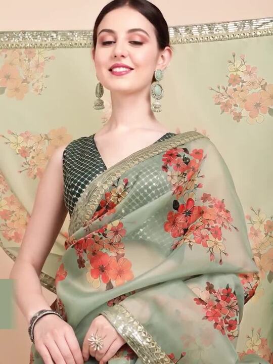 Sangria Olive Green & Red Floral Printed Organza Saree With Sequinned Blouse piece