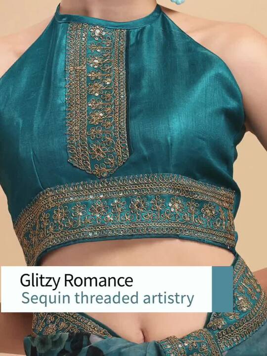 Sangria Teal & White Floral Embroidered Organza Saree