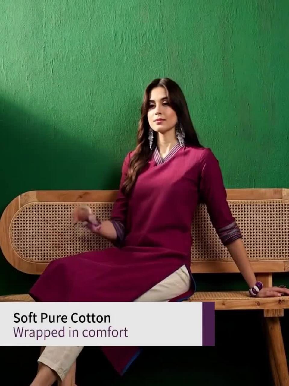 Sangria Burgundy V-Neck Thread Work Pure Cotton Straight Kurta