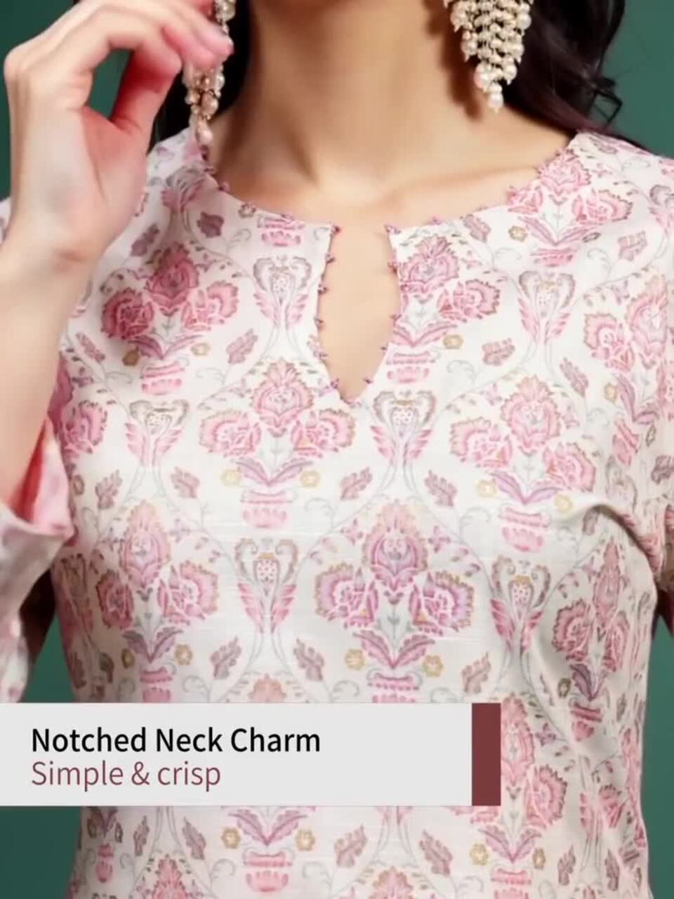 Floral Printed Cotton Notch Neck Straight Kurta