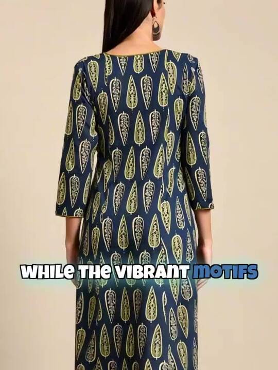 Anayna Women Navy Blue & Green Ethnic Motifs Printed Cotton Kurta