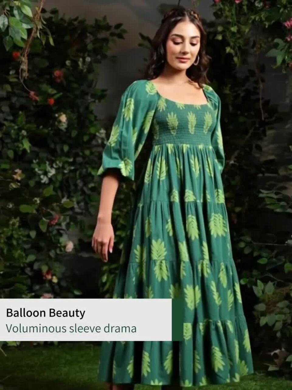 Anayna Printed Puff Sleeves Cotton Maxi Ethnic Dress