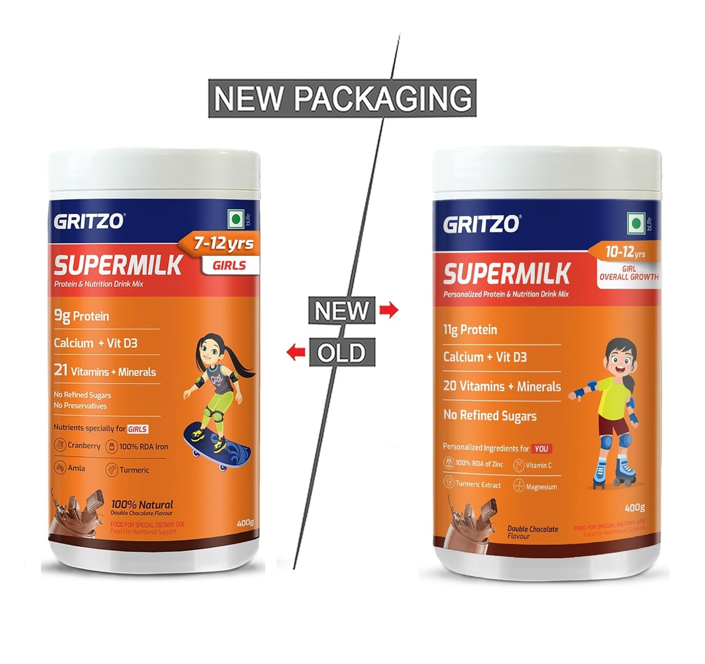 Gritzo SuperMilk Overall Growth (10-12y Girls), Zero Refined Sugar, 21 Vitamins & Minerals