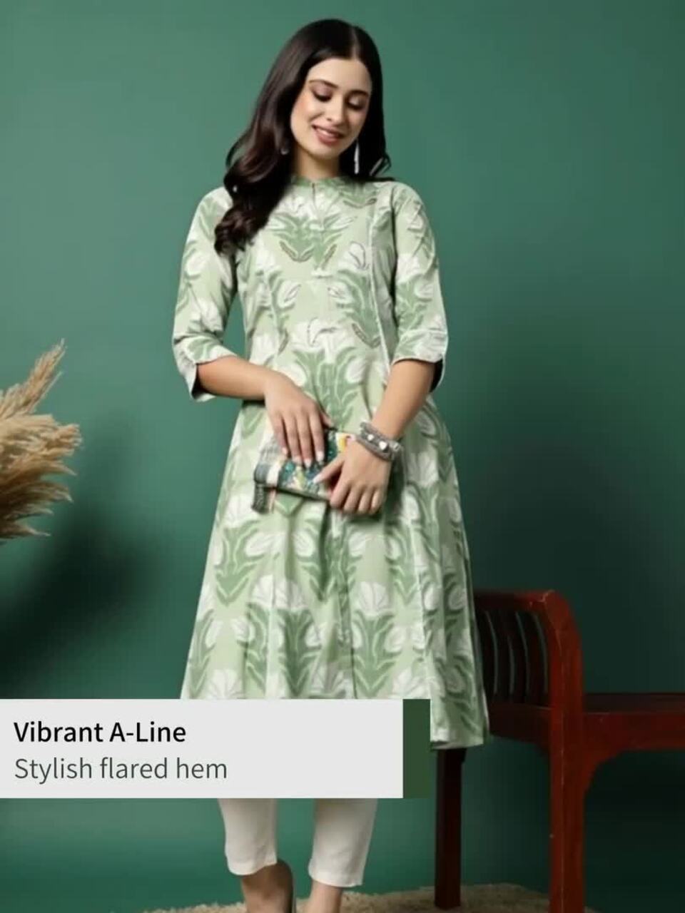 Sangria Floral Printed Pure Cotton Mandarin Collar Thread Work A-Line Kurta