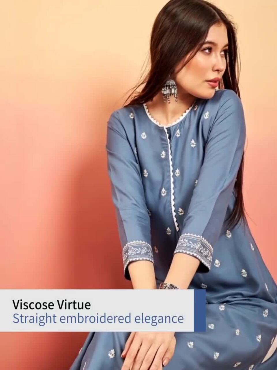 Sangria Blue Ethnic Motifs Embroidered Straight Kurta