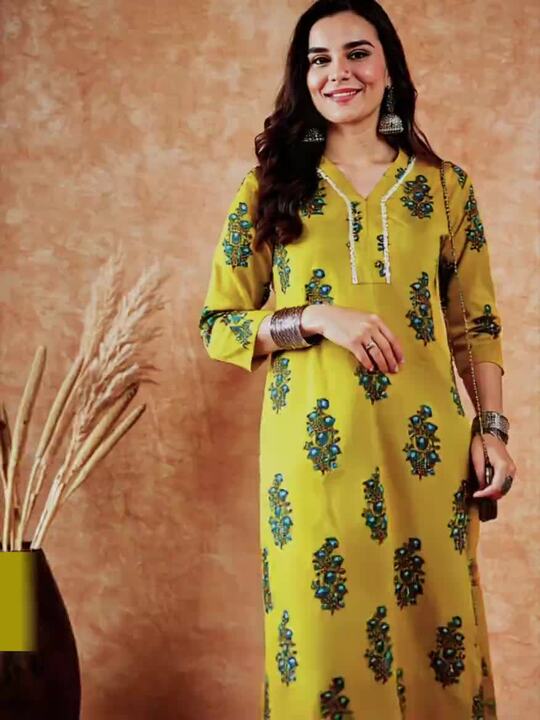 Sangria Green & Blue Floral Printed Pure Cotton V-Neck Kurta