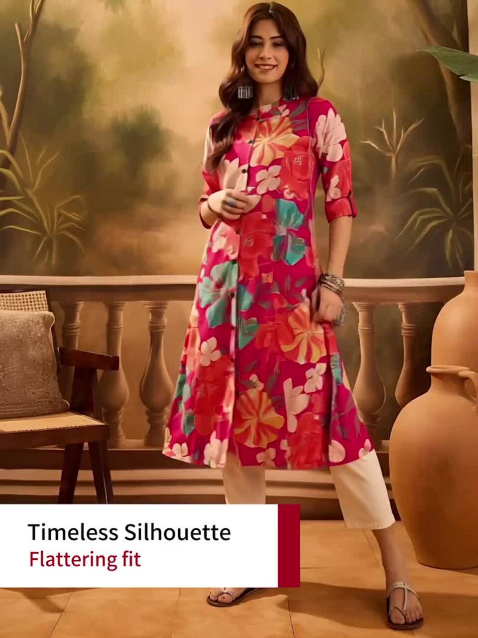 Sangria Floral Printed Mandarin Collar A-line Kurta