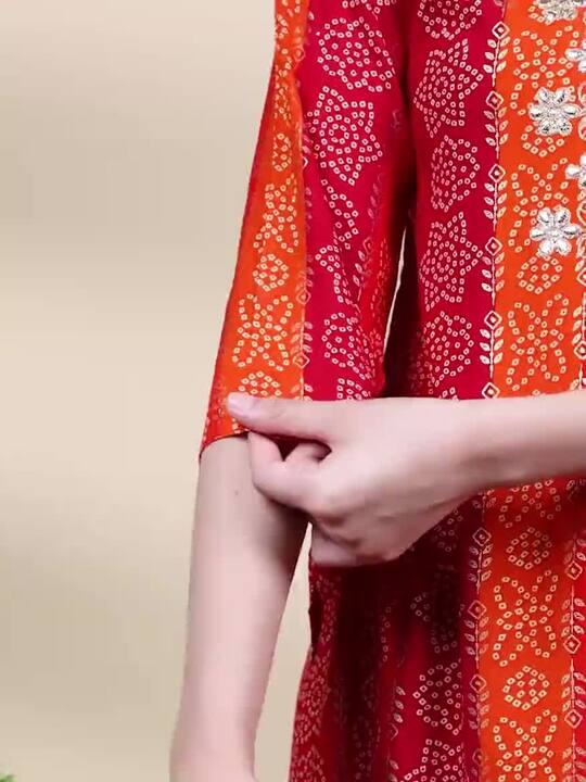Sangria Women Red Bandhani Printed and Embroidered Rayon Kurta