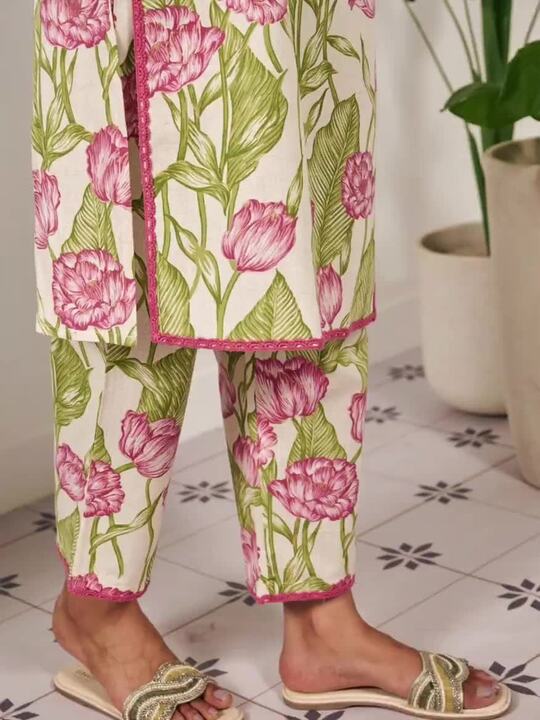 Anayna Floral Printed Round Neck Thread Work Straight Kurta with Trousers