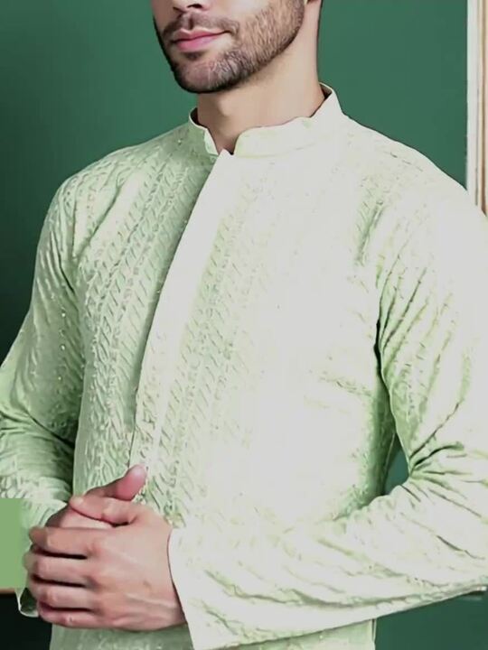 Anouk Checked Mandarin Collar Long Sleeves Thread Work Kurta