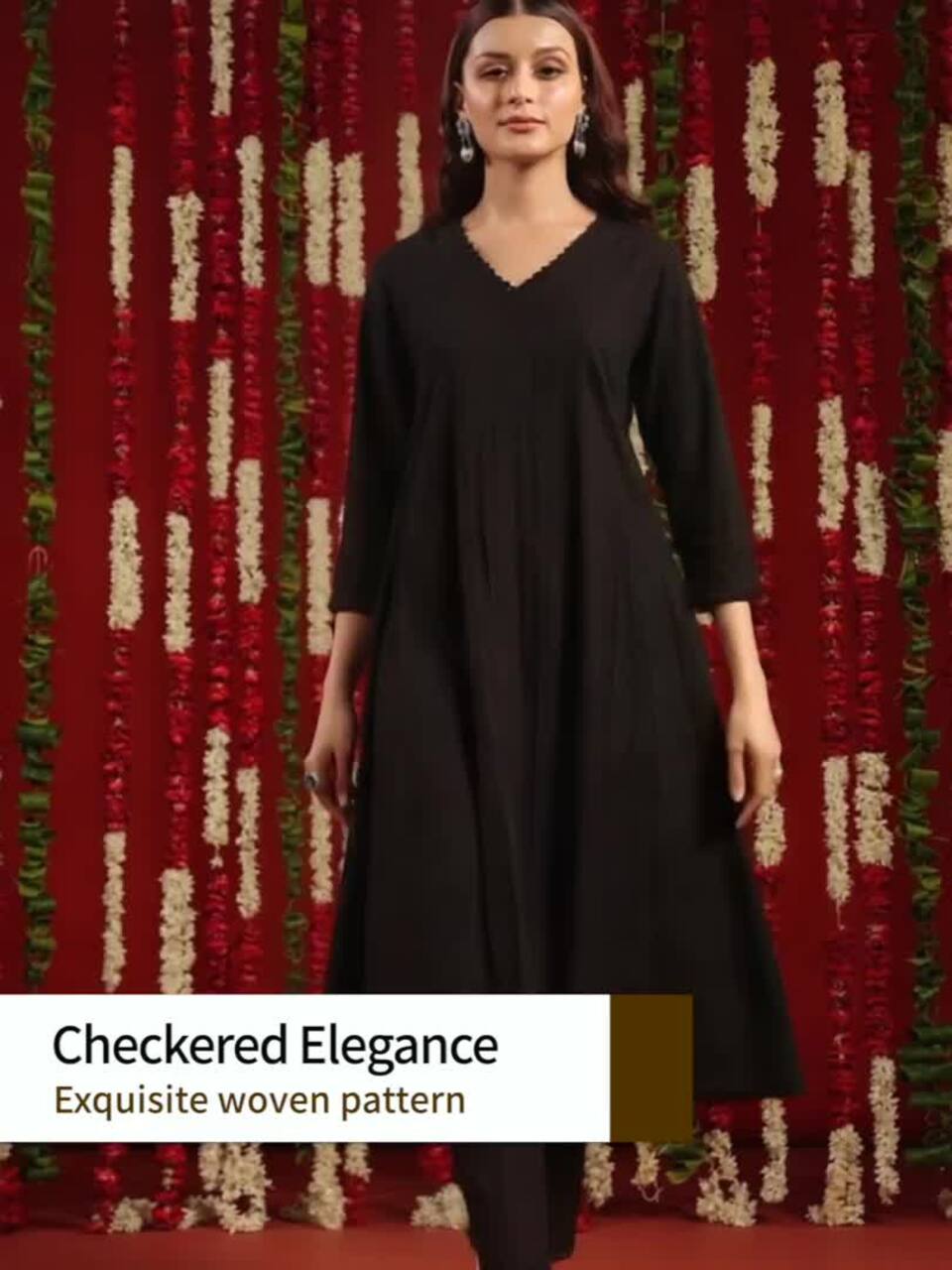Anayna Black & Orange Geometric Woven Design Cotton Anarkali Kurta with Trousers & Dupatta