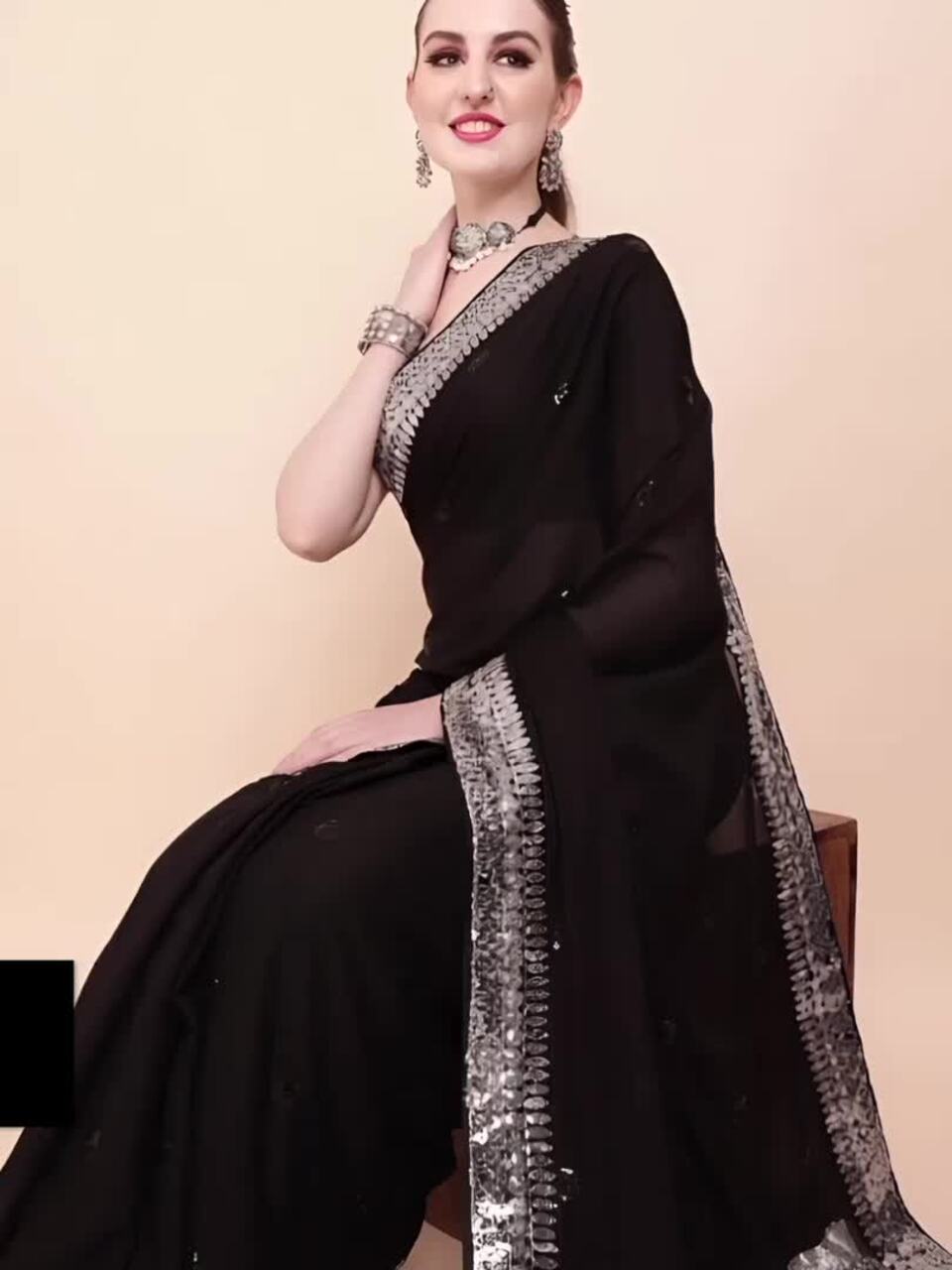 Sangria Black & Silver-Toned Embellished Sequinned Pure Georgette Saree