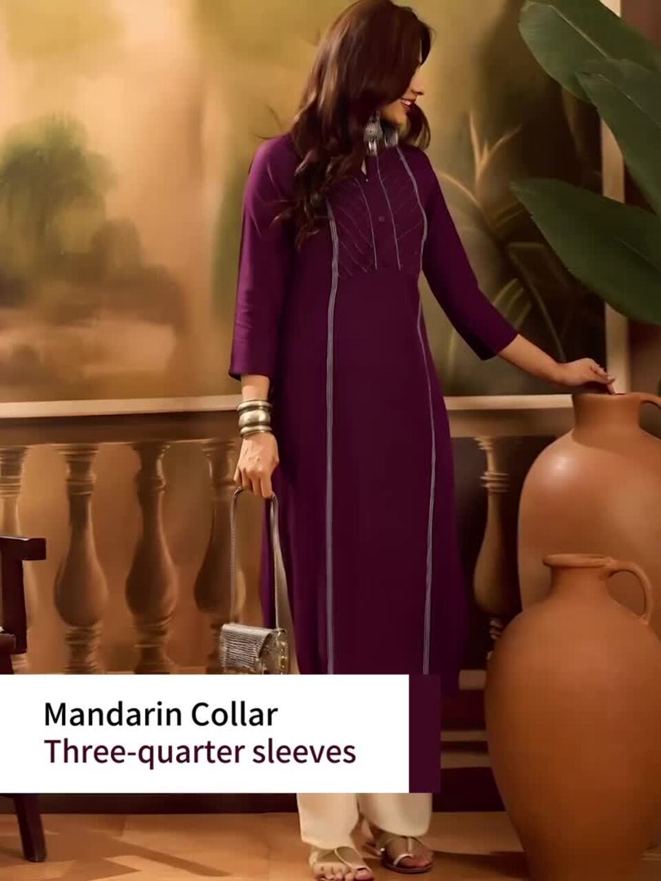 Sangria Pleated Mandarin Collar Straight Kurta