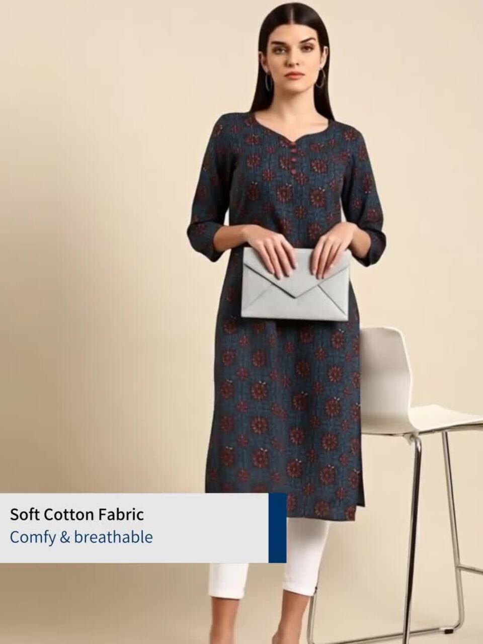 Anayna Women Navy Blue & Red Floral Printed Dobby Cotton Kurta