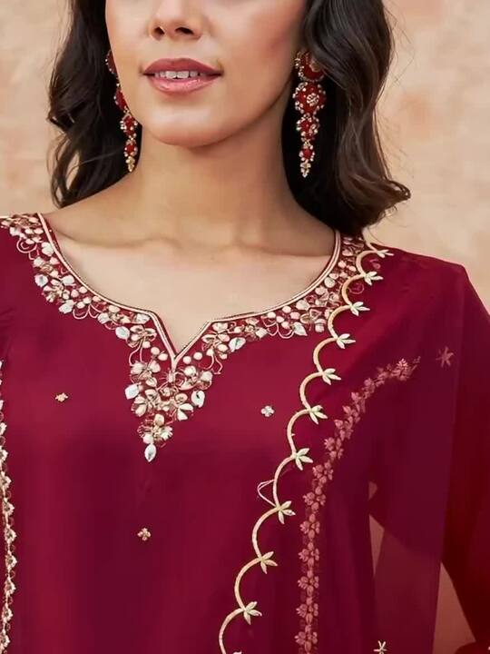 Sangria Maroon Floral Embroidered Straight Kurta With Trousers & Dupatta
