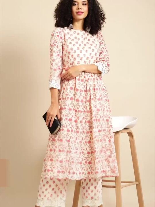 Anayna Women White & Pink Printed Kurta with Trousers
