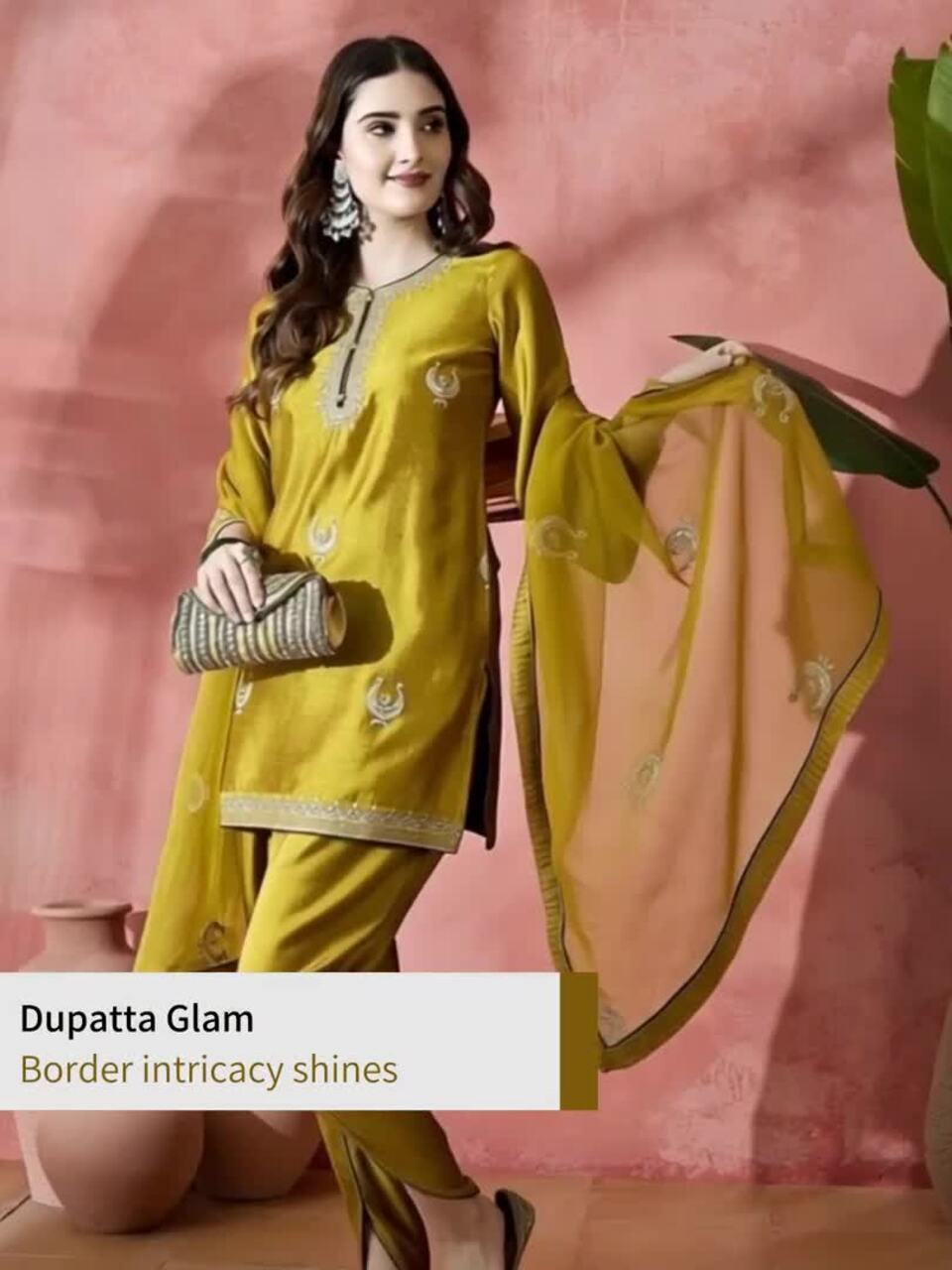 Sangria Floral Embroidered Flared Sleeves Zari Straight Kurti With Dhoti Pant & Dupatta
