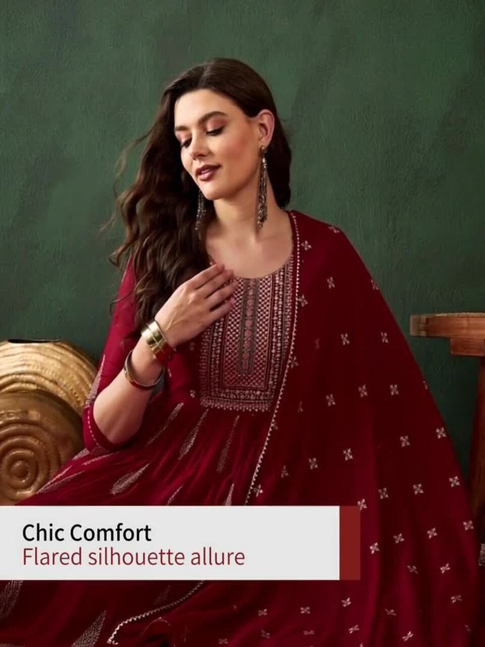 Sangria Embroidered Sequence Plated Anarkali Kurta & Palazzo With Dupatta