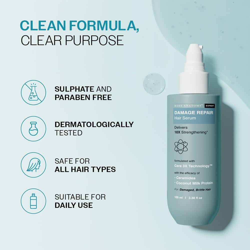 Bare Anatomy Damage Repair Hair Serum With Cera3x Technology Delivers 3x Hair Strengthening - 100 ml