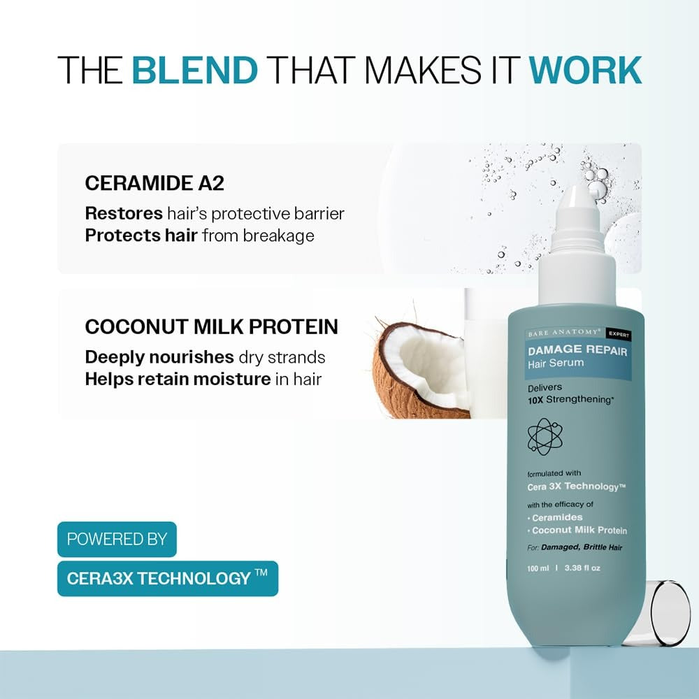Bare Anatomy Damage Repair Hair Serum With Cera3x Technology Delivers 3x Hair Strengthening - 100 ml