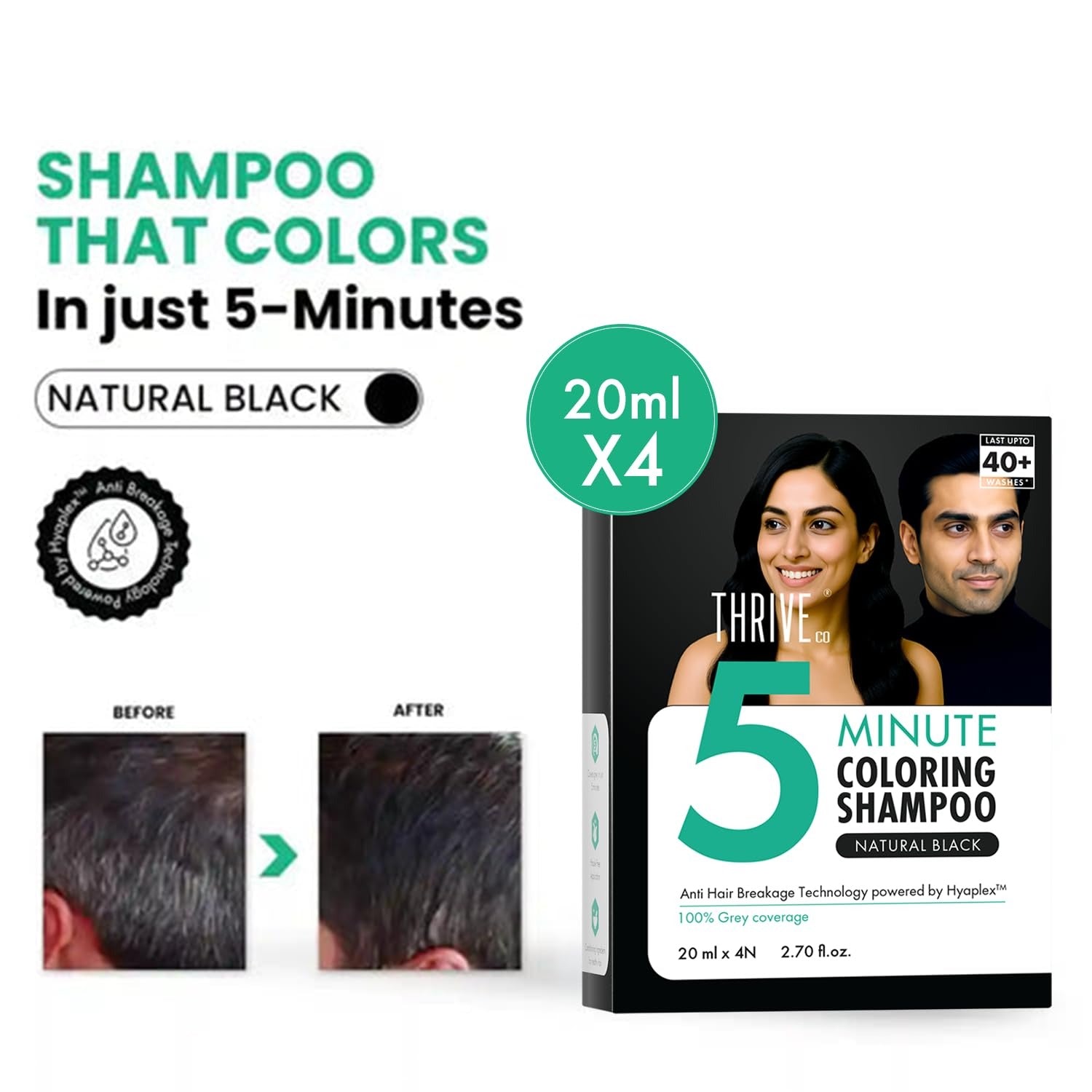 ThriveCo Hair Coloring Shampoo Natural Black - Each Sachet 20 ml (Pack of 4)