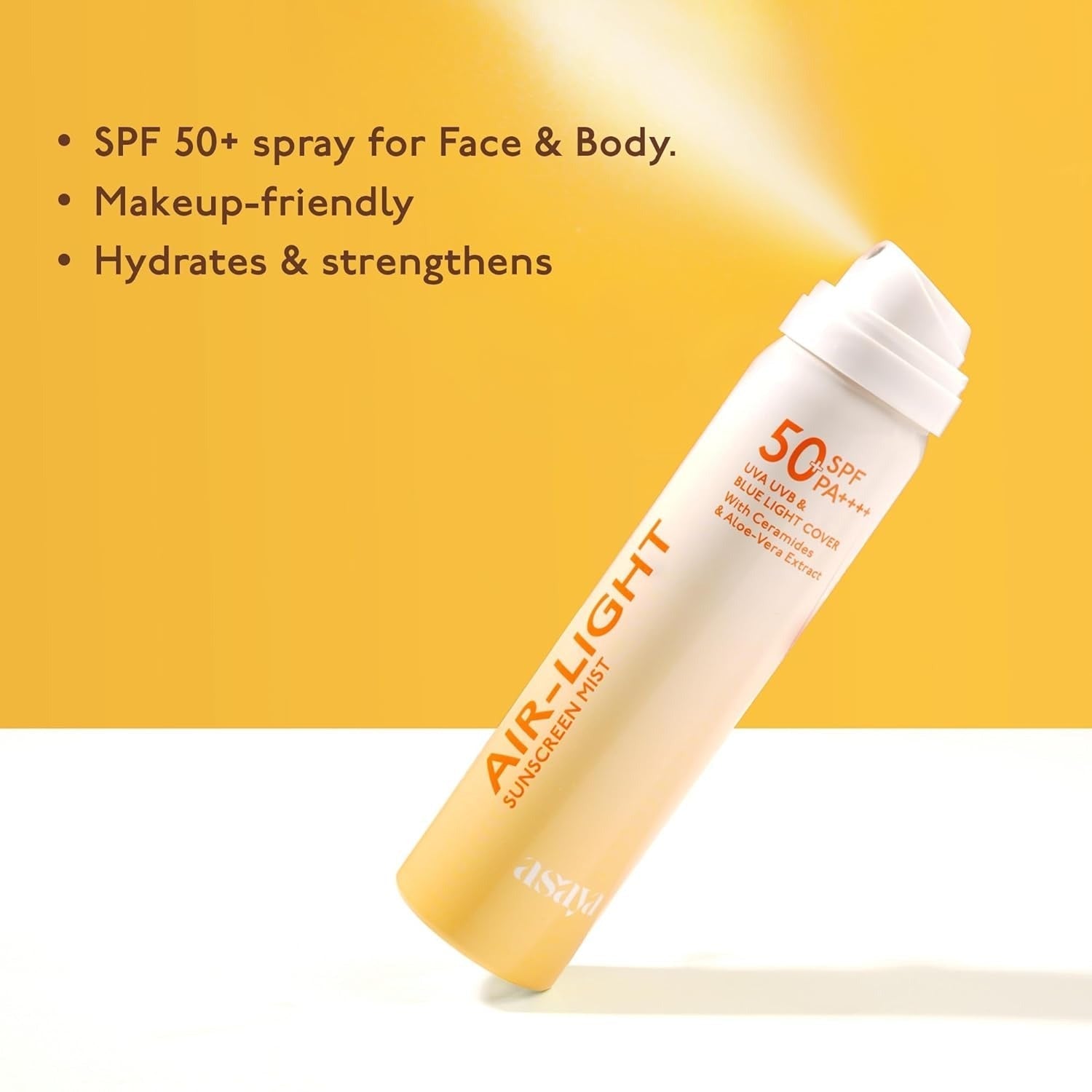 Asaya Air Light Sunscreen Spray SPF 50 PA++++, UVA/B with Ceramides & Aloe Vera Extract - 75 ml
