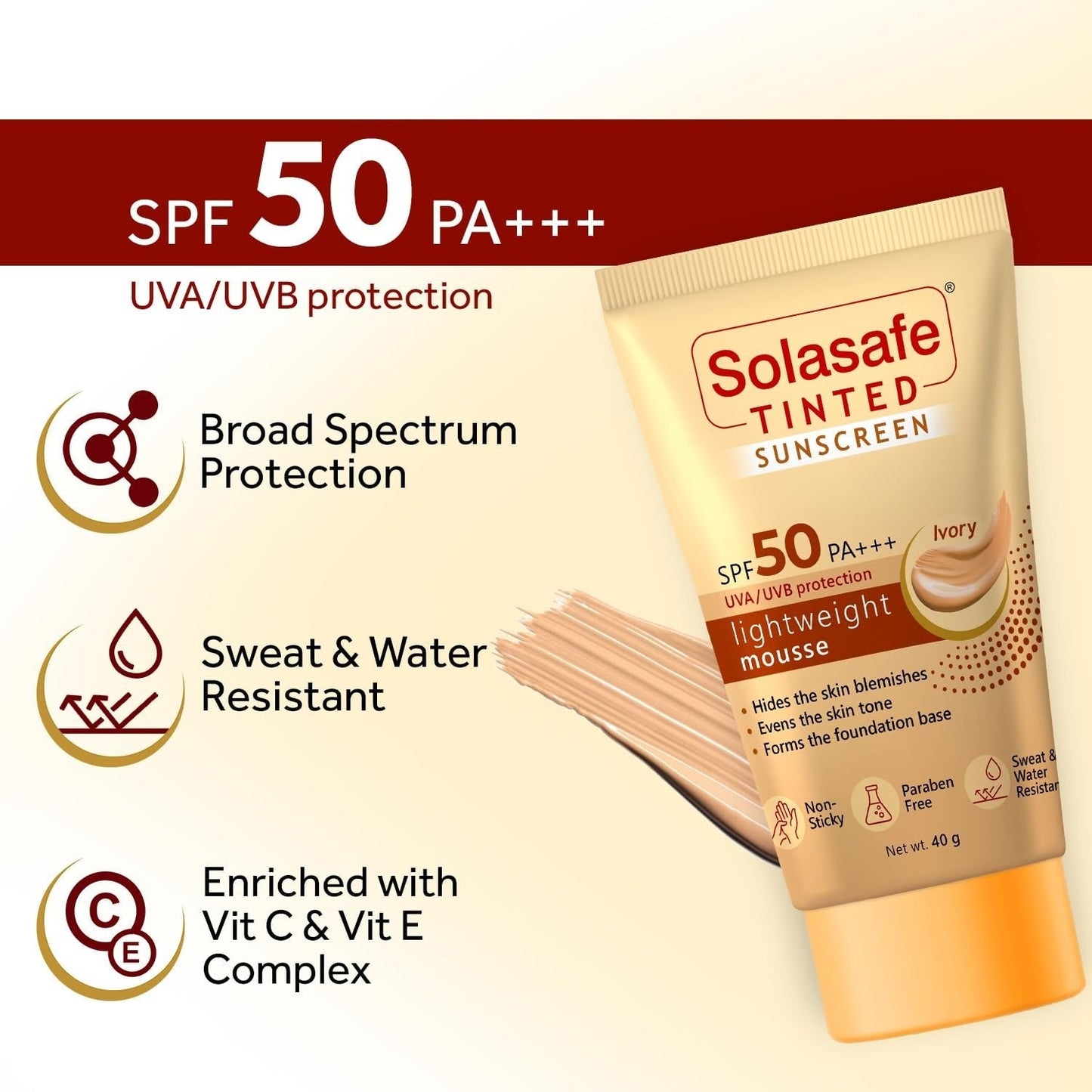 Regaliz Solasafe Tinted Ivory Sunscreen SPF 50 PA+++ UVA & UVB Protection - 40 Gms