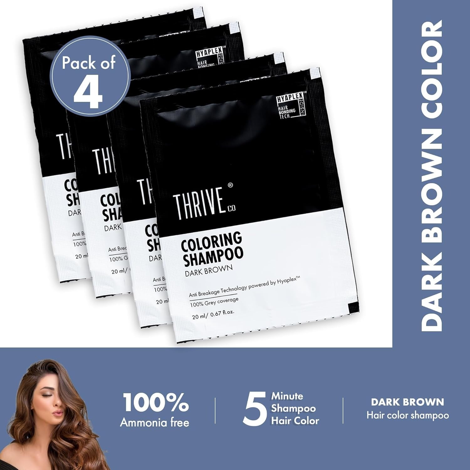 ThriveCo Hair Coloring Shampoo Dark Brown - Each Sachet 20 ml (Pack of 4)