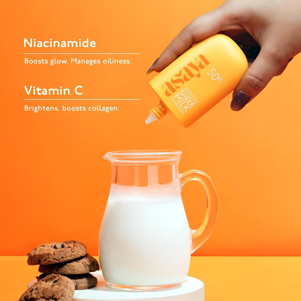 Asaya Sheer Milk Sunscreen SPF 50 PA++++ UVA + UVB with Vitamin C & Niacinamide - 50 ml