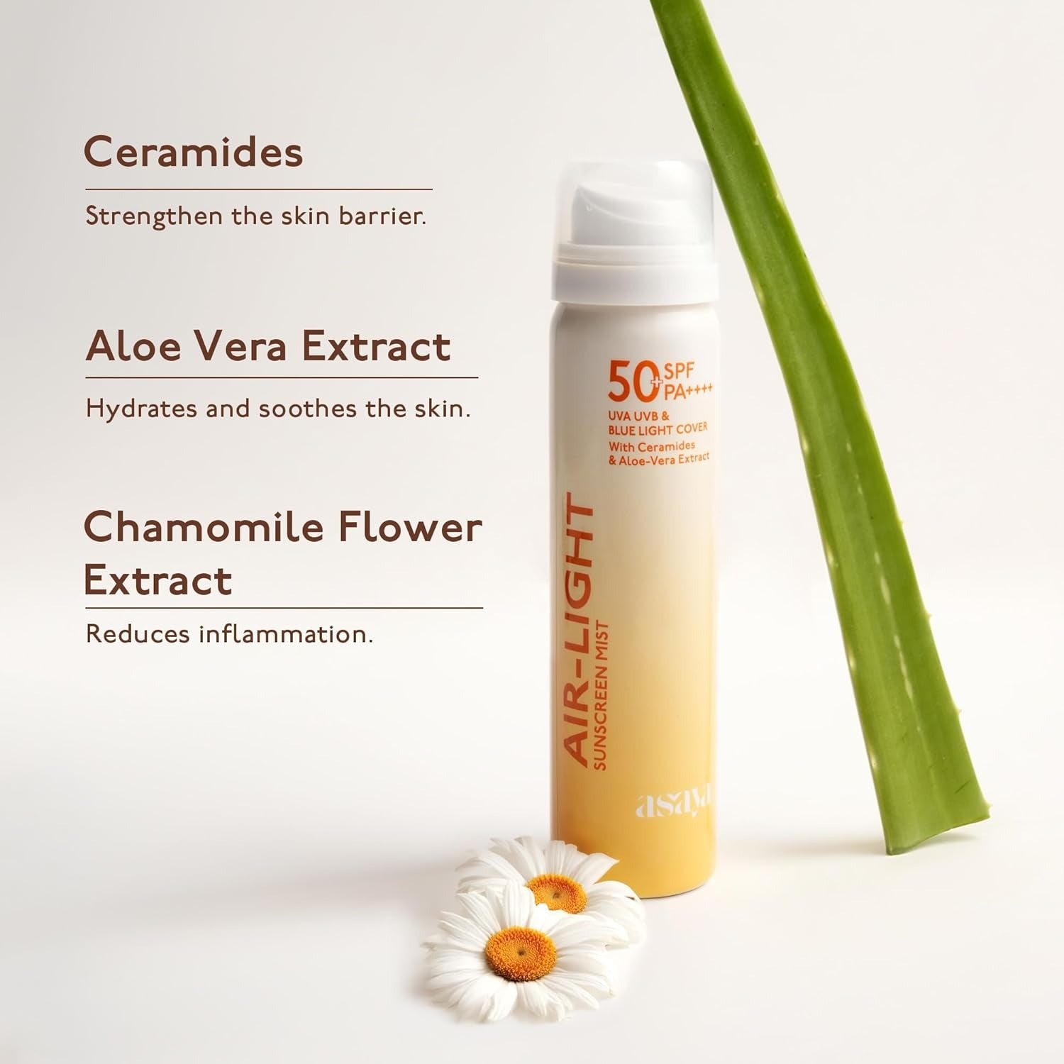 Asaya Air Light Sunscreen Spray SPF 50 PA++++, UVA/B with Ceramides & Aloe Vera Extract - 75 ml